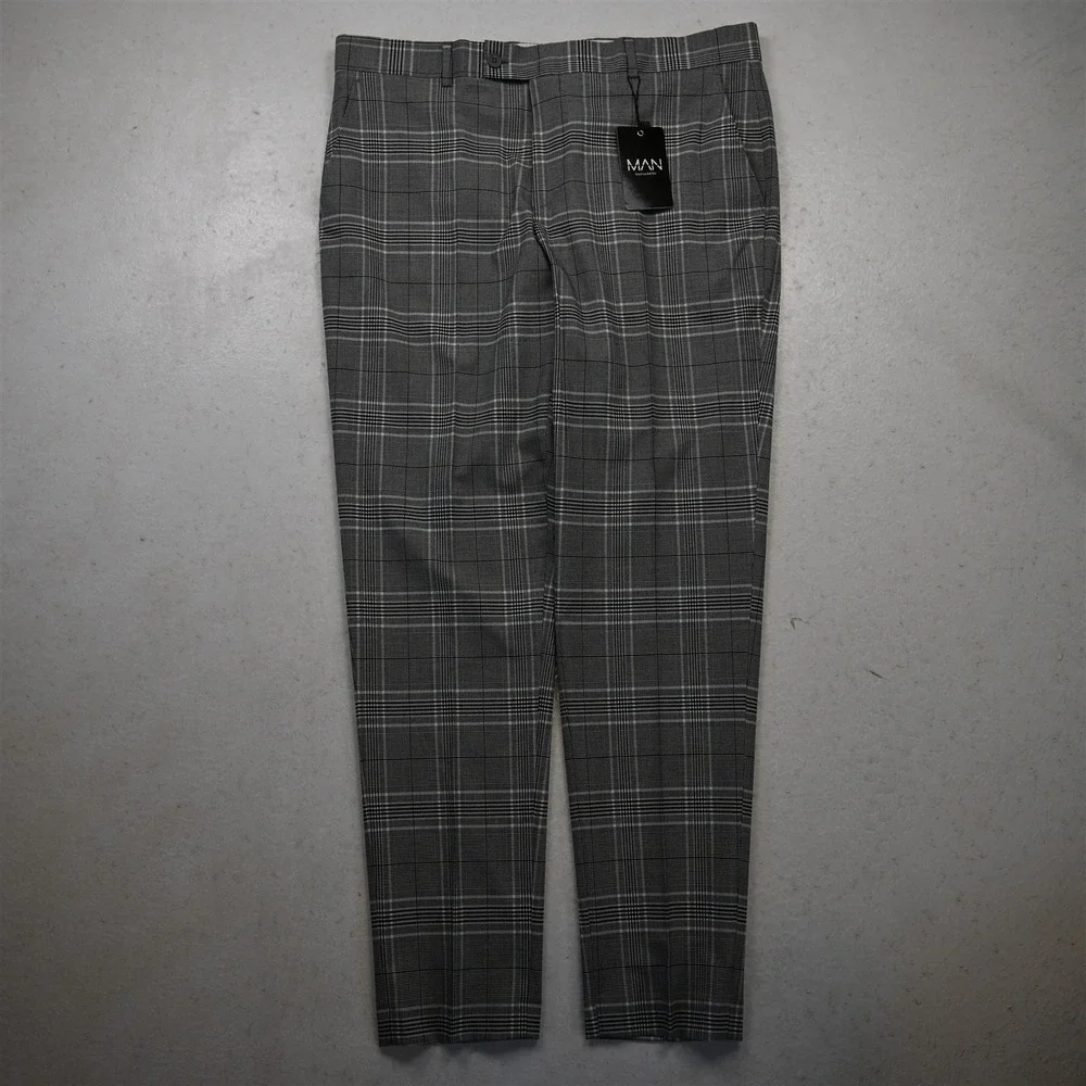 NEW Boohoo‎ 36x32 Gray Plaid Skinny Stretch Dress Mens Pants